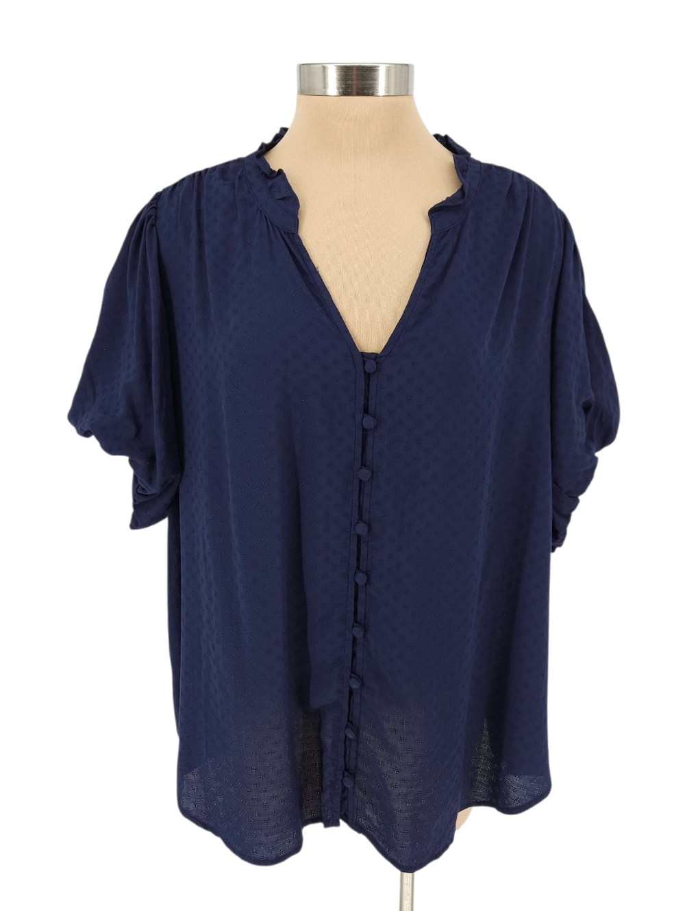 Torrid Shirt Navy Blue Dobby Puff Short Sleeve Button Up V Neck Blouse 1 1X